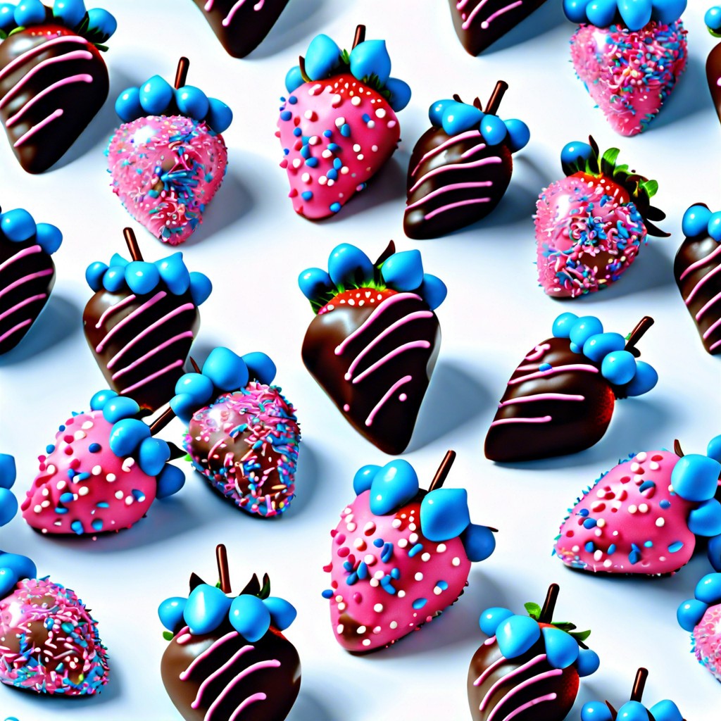 chocolate dipped strawberries with pink and blue sprinkles