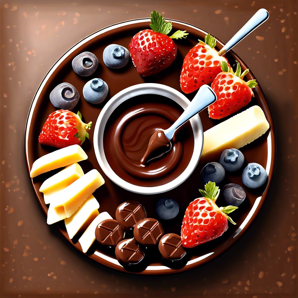 chocolate fondue dark chocolate sauce strawberries banana slices and marshmallows