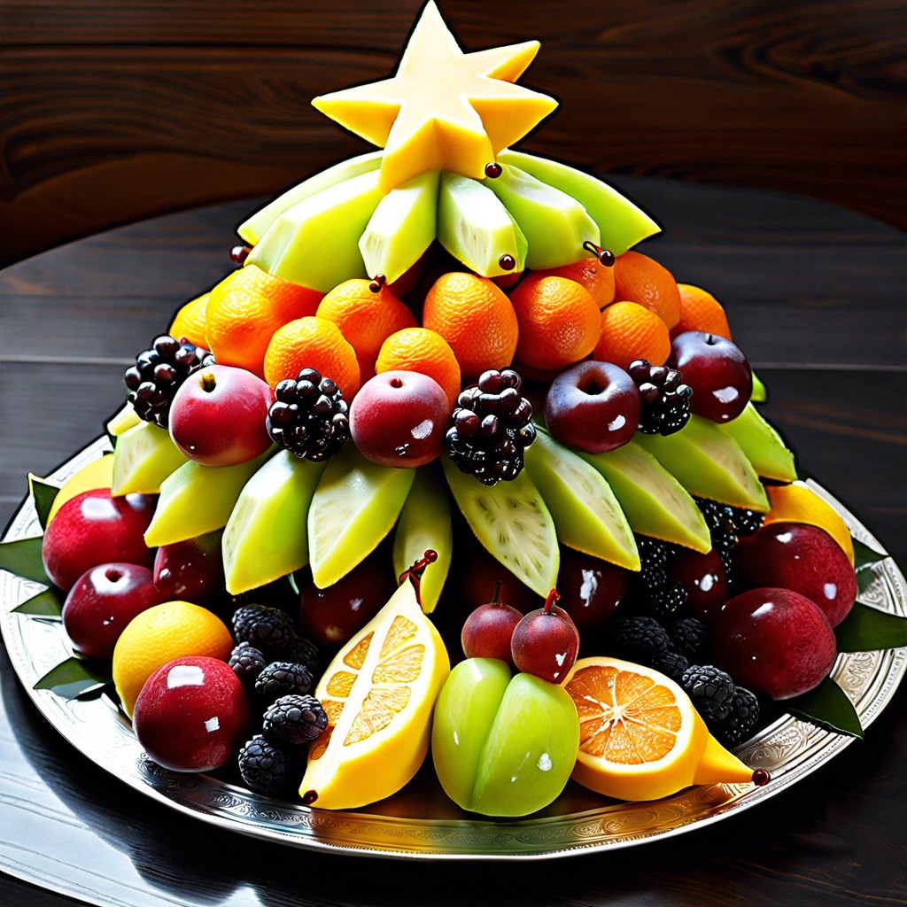 christmas tree fruit platter variety of colored fruits arranged in tree shape