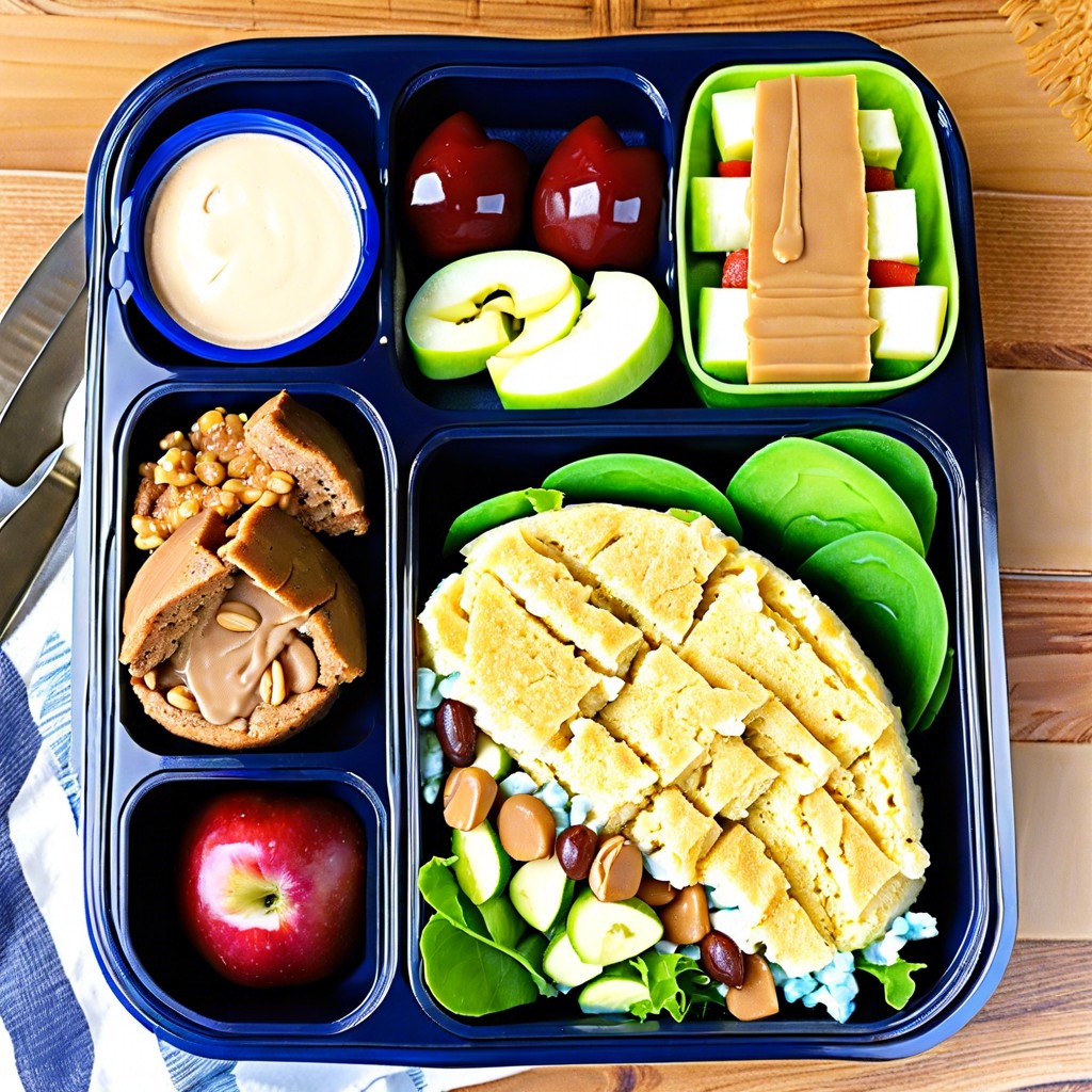 cobb salad cornbread muffin and apple slices with peanut butter