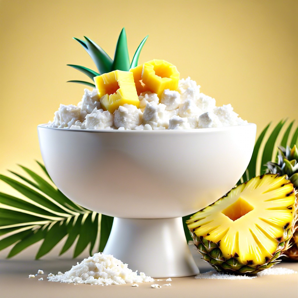 cottage cheese with pineapple chunks and shredded coconut