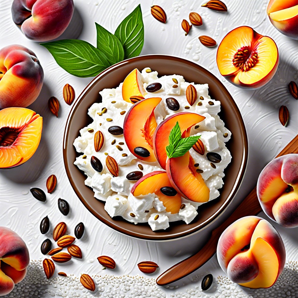 cottage cheese with sliced peaches and pumpkin seeds