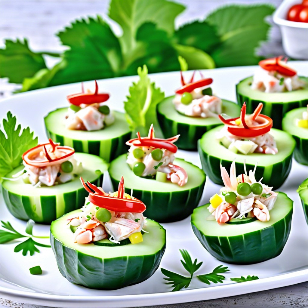 crab salad bites in cucumber cups