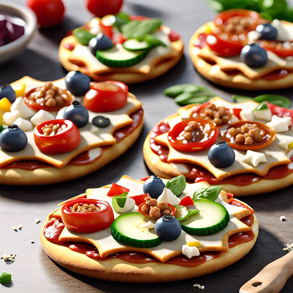 cracker mini pizzas top each cracker with sauce cheese and toppings then bake