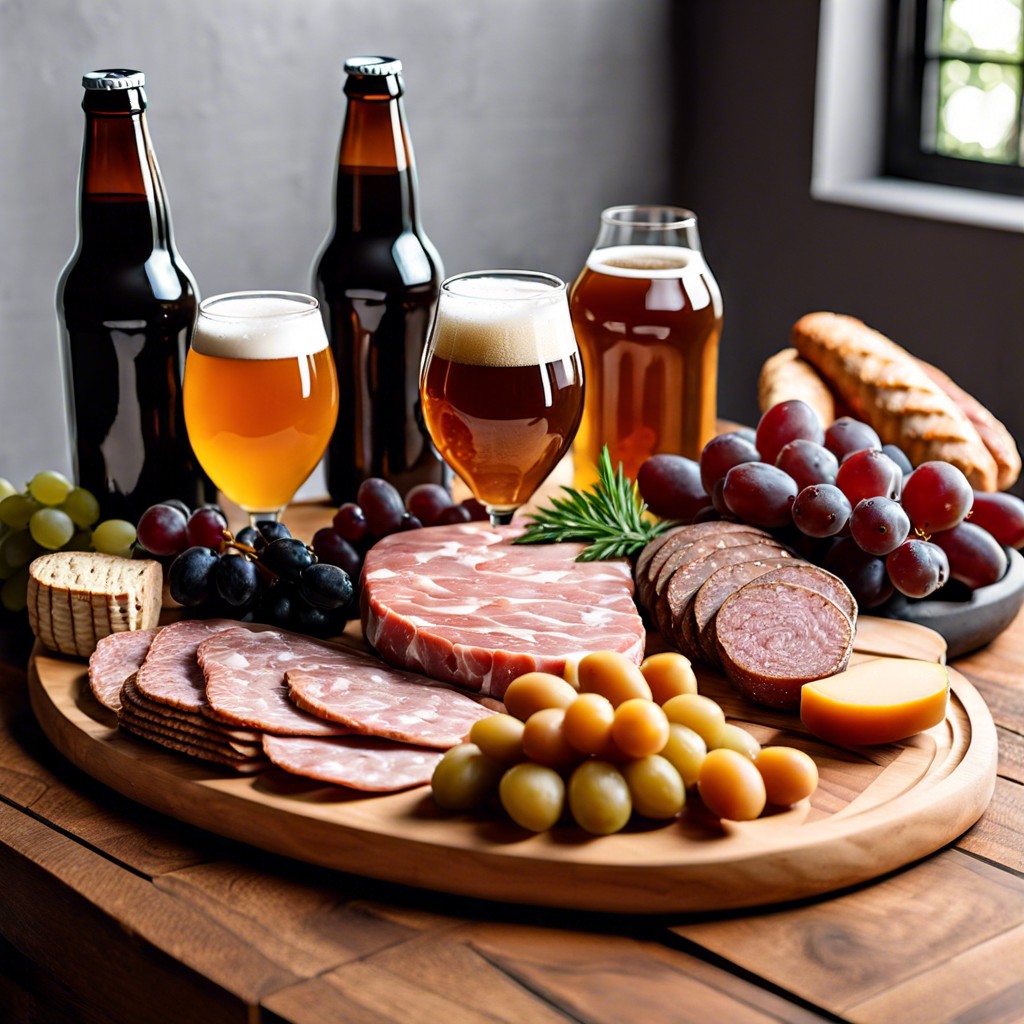 craft beer with pretzels mustard and assorted sausages