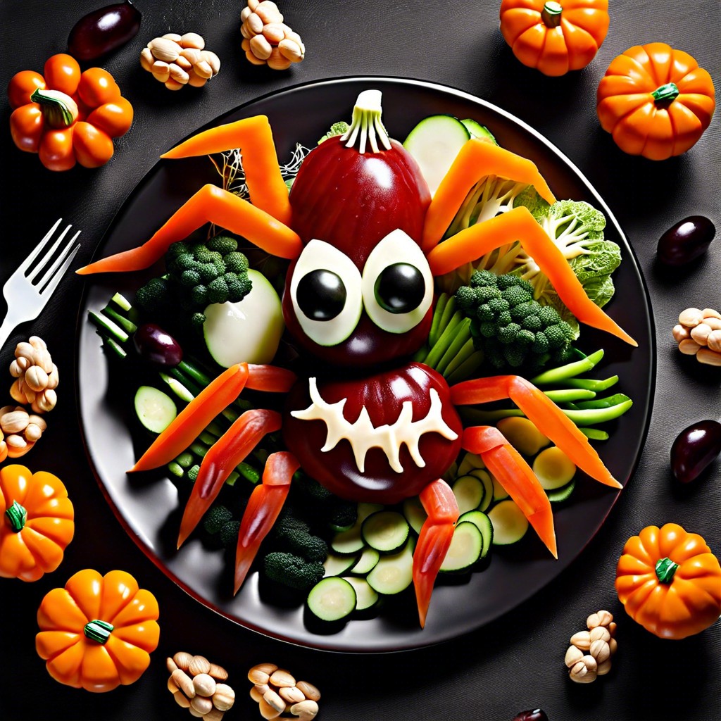creepy crawly veggie platter arranged in the shape of a spider