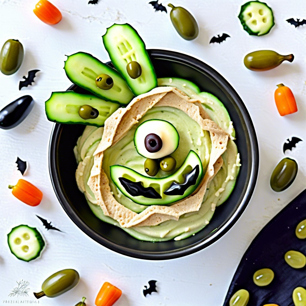 creepy cucumber eyes slice cucumbers add hummus on top and an olive slice for an eerie eyeball effect