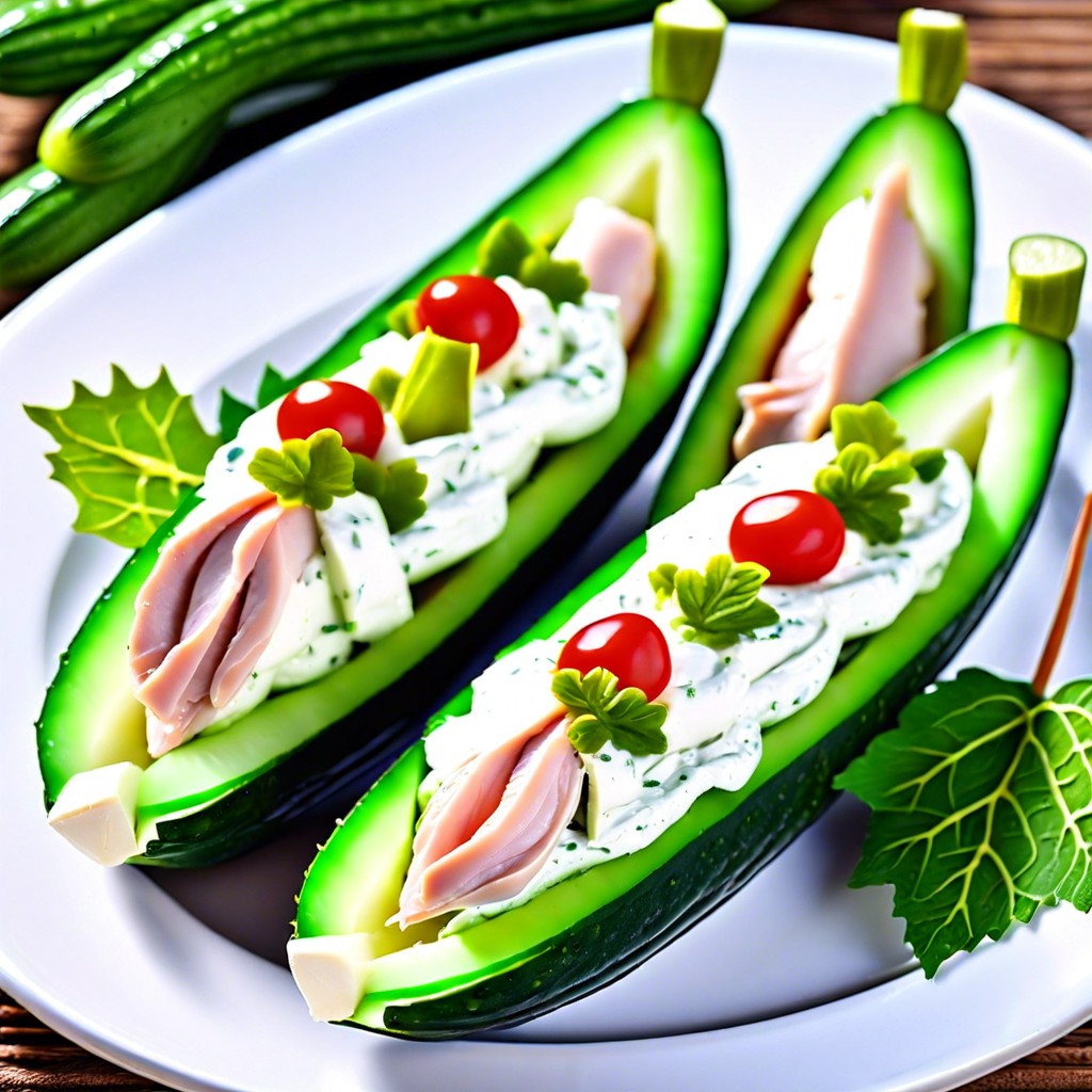 cucumber boats filled with cream cheese and turkey