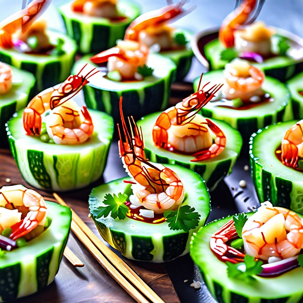 cucumber cups filled with spicy shrimp salad