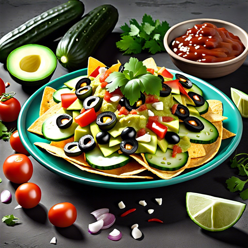 cucumber nachos – sliced cucumbers topped with black beans cheese and pico de gallo