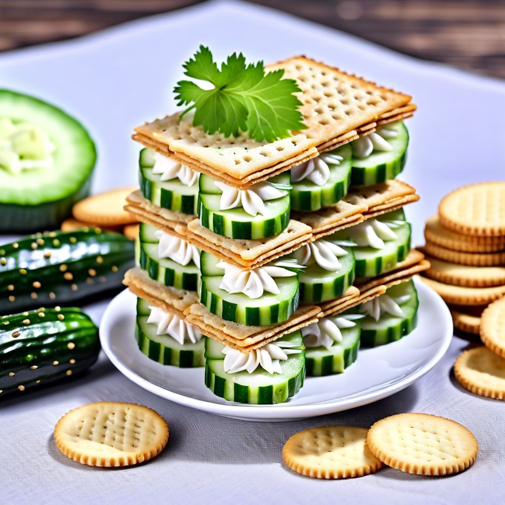 cucumber sandwiches cream cheese cucumber slice and a sprinkle of herbs
