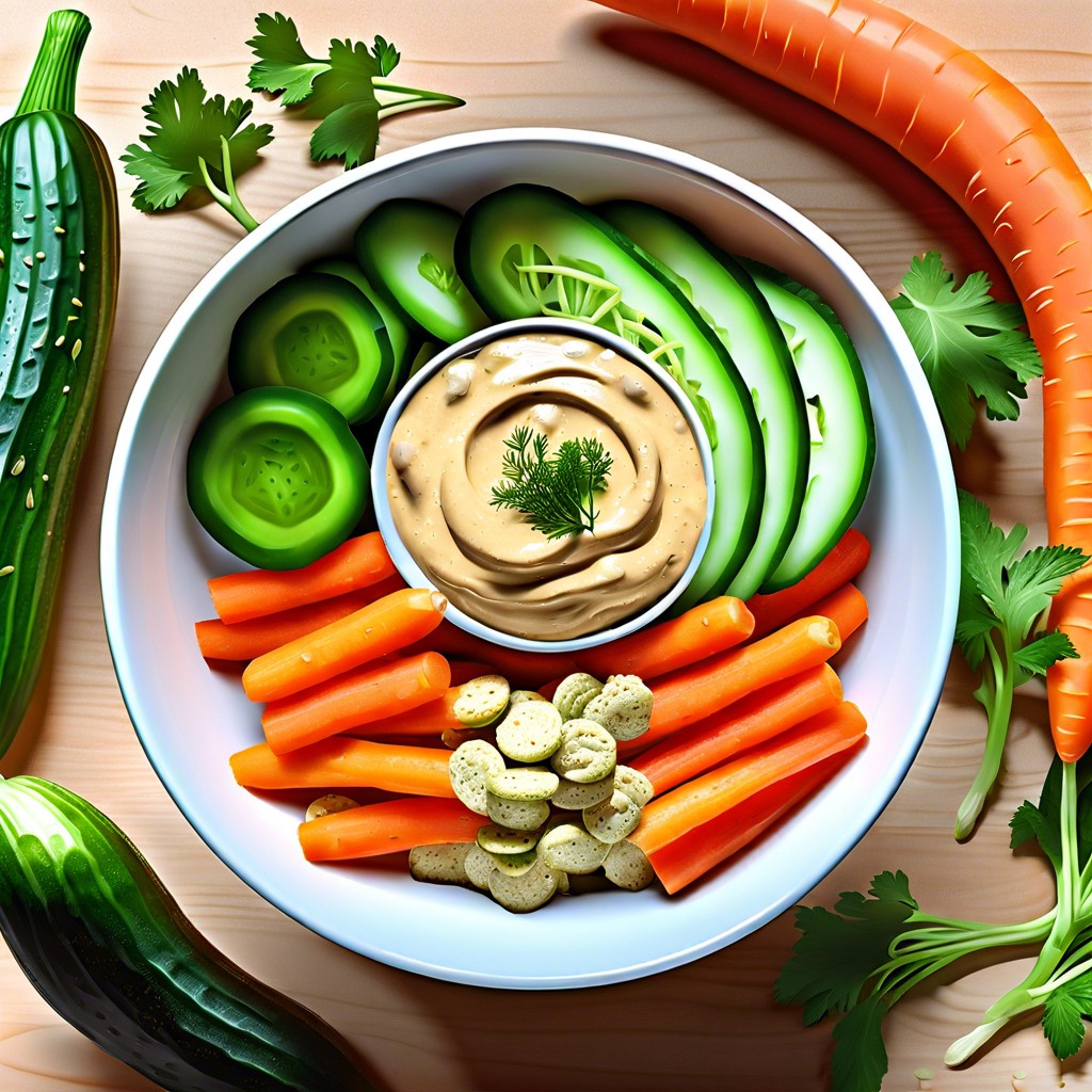 cucumber slices carrot sticks and hummus