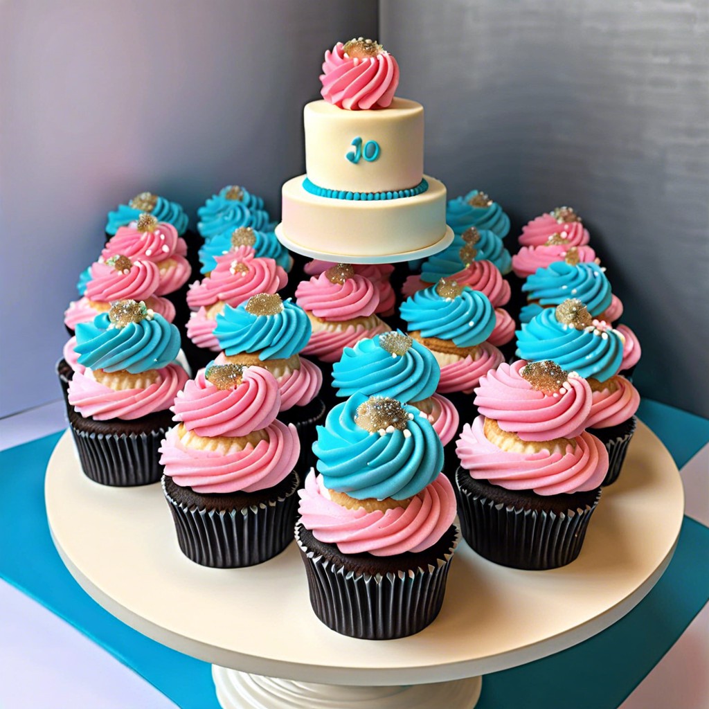 cupcake tower with a hidden colored filling
