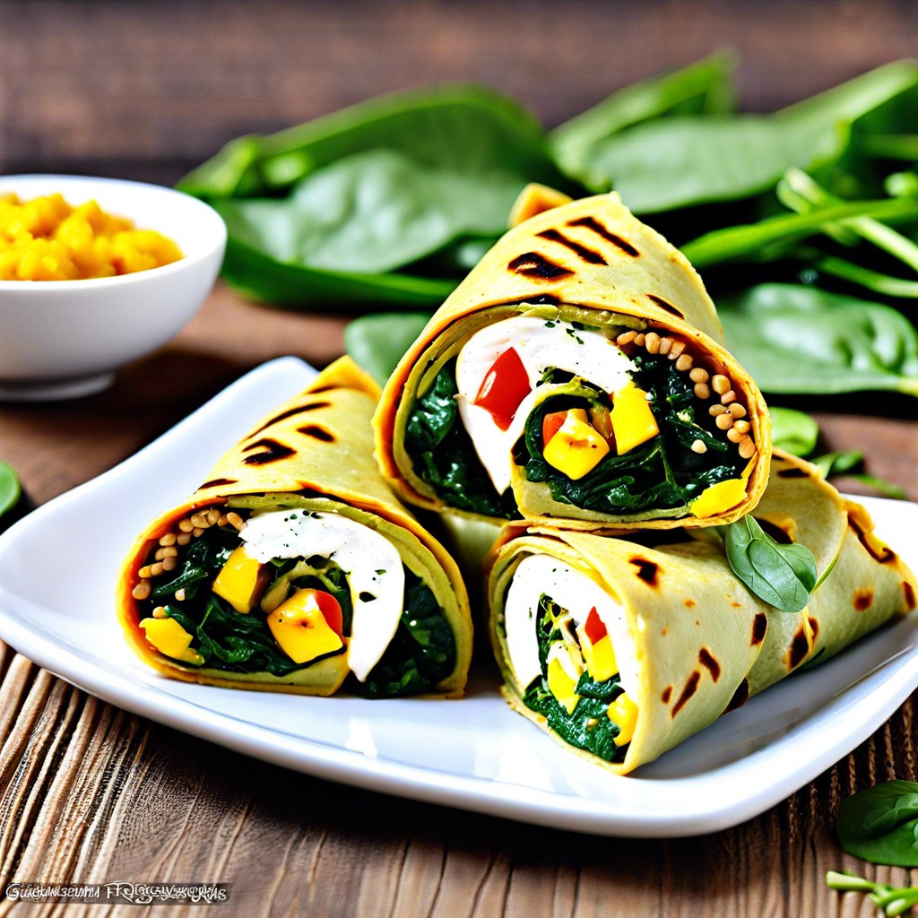 curried egg and spinach pinwheel wraps