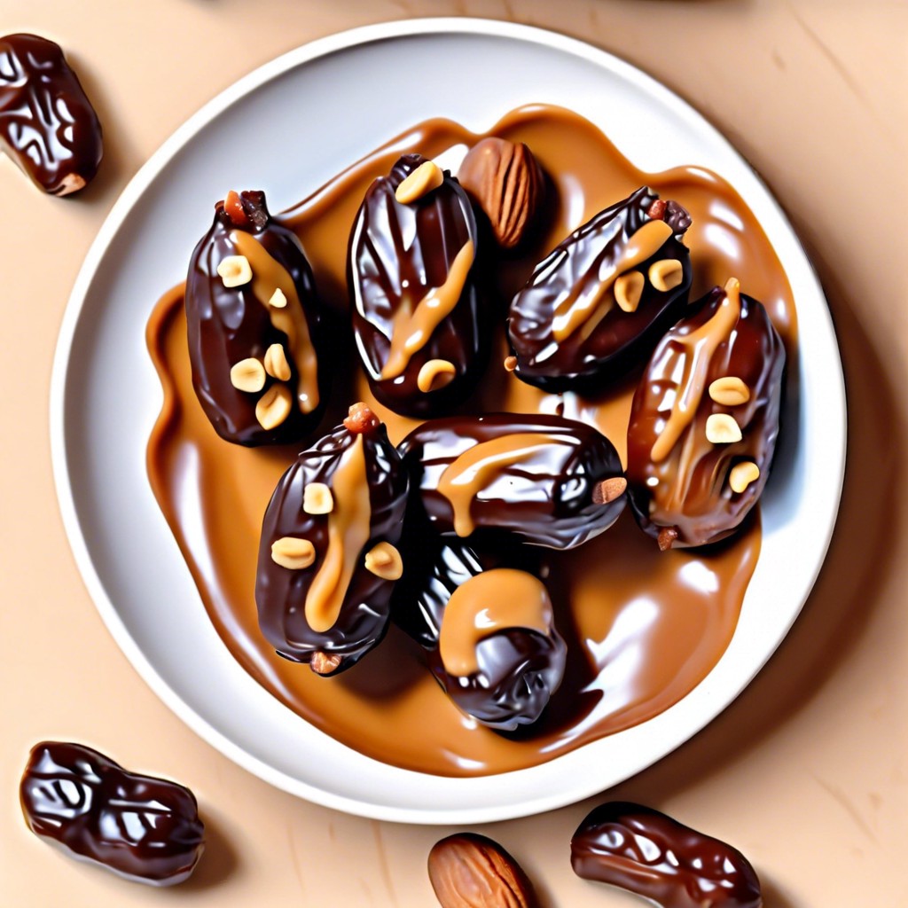 dates layered with peanut butter and chocolate chips