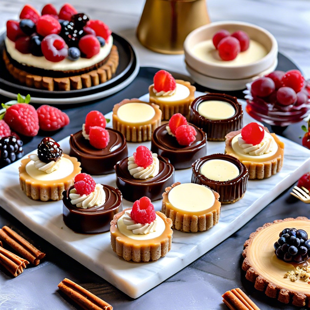 dessert board mini cheesecakes chocolate truffles strawberries biscotti nuts