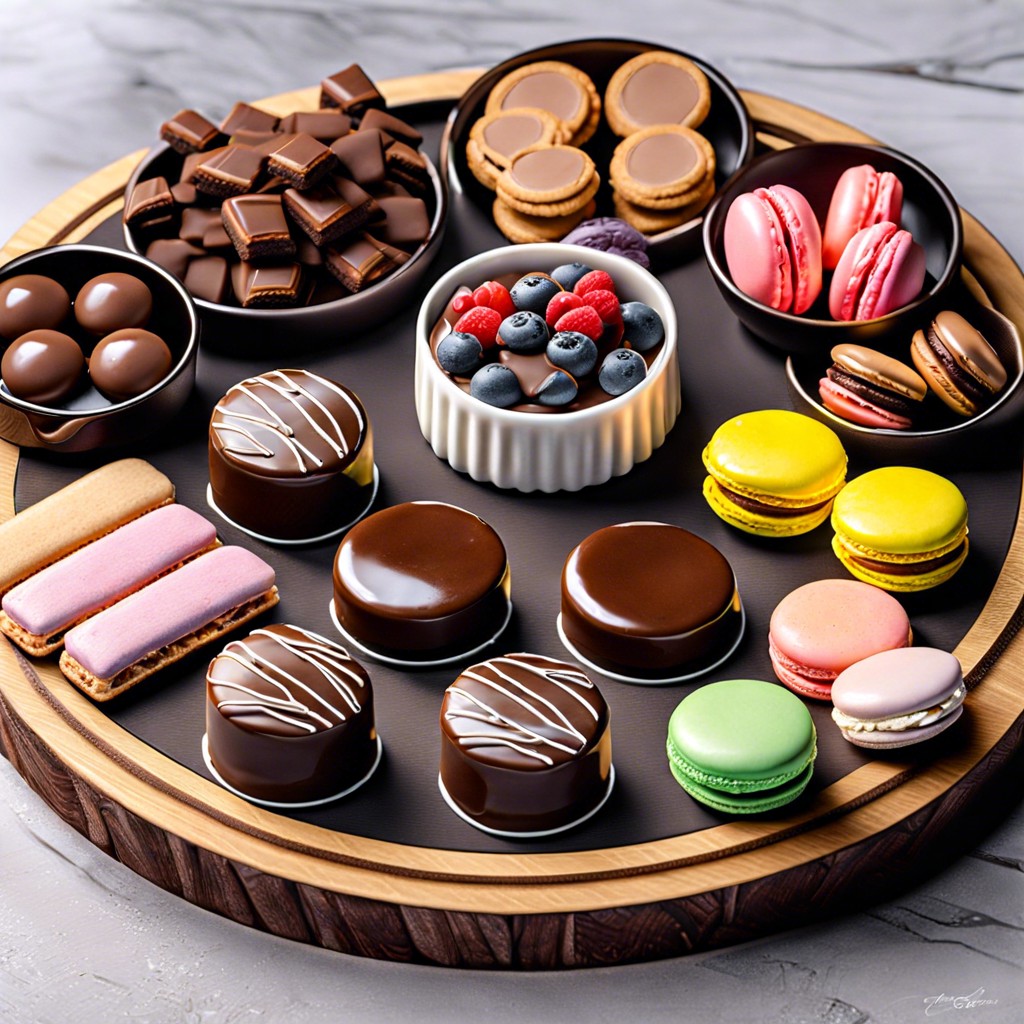dessert board with assorted chocolates cookies and macarons