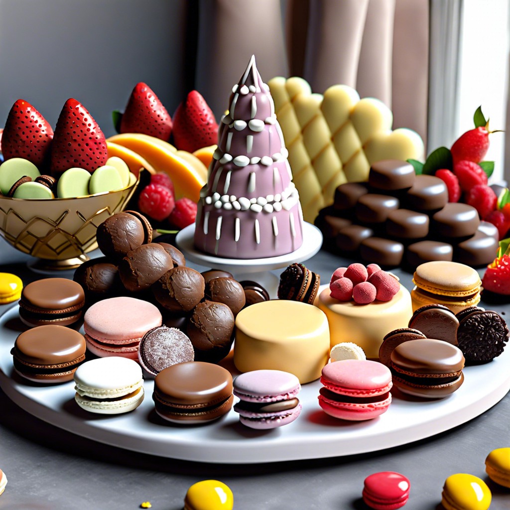 dessert board with chocolate truffles macarons and fresh fruit