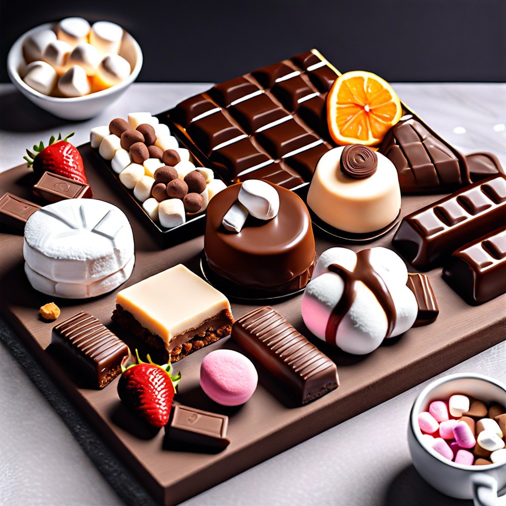 dessert board with chocolates cookies marshmallows