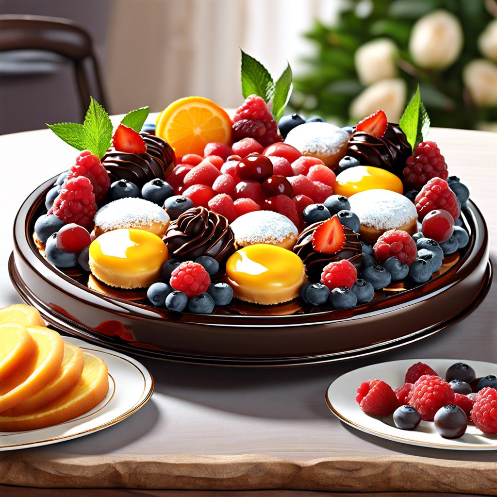 dessert tray with mini pastries and chocolate dipped fruits