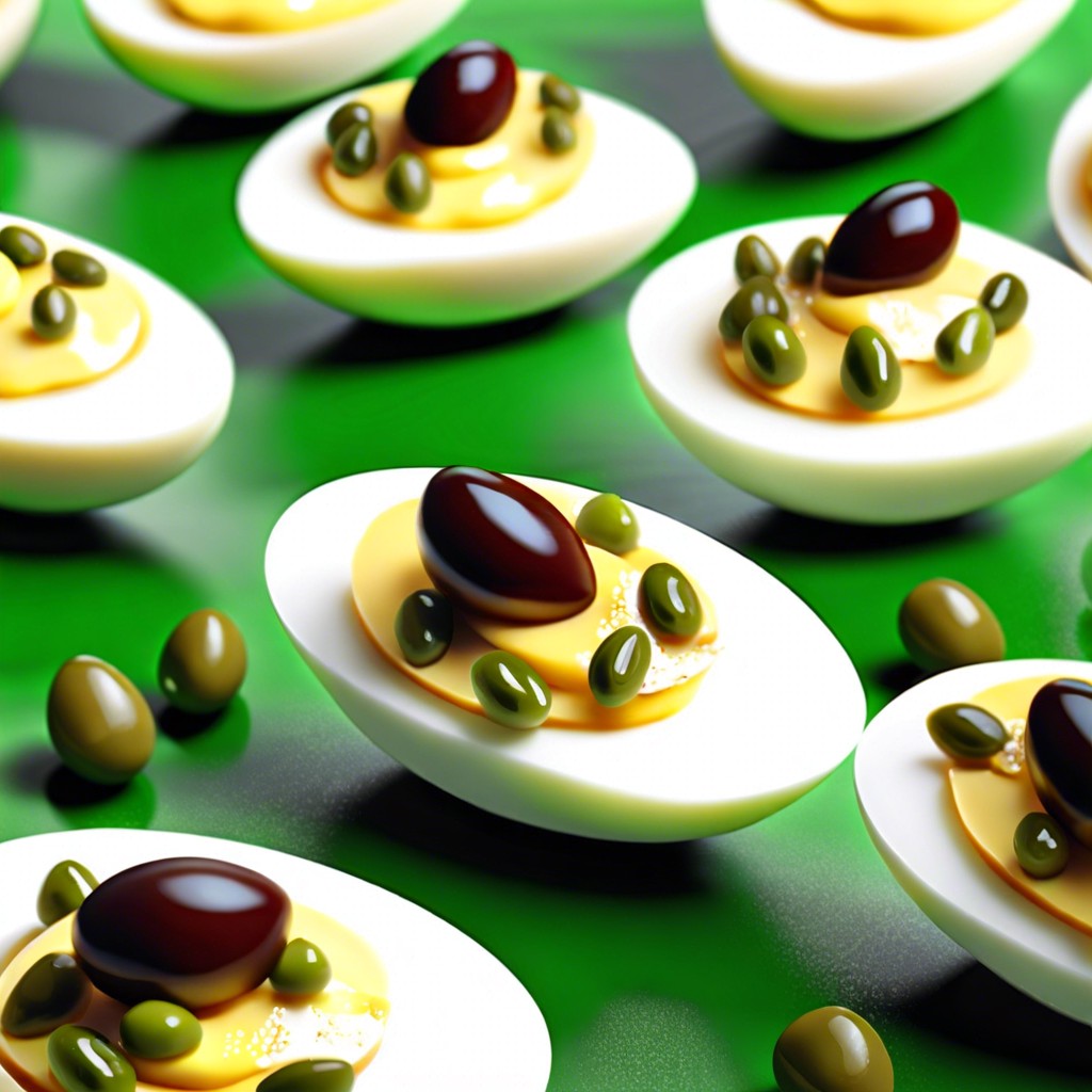 dinosaur egg nests deviled eggs topped with green olive pieces