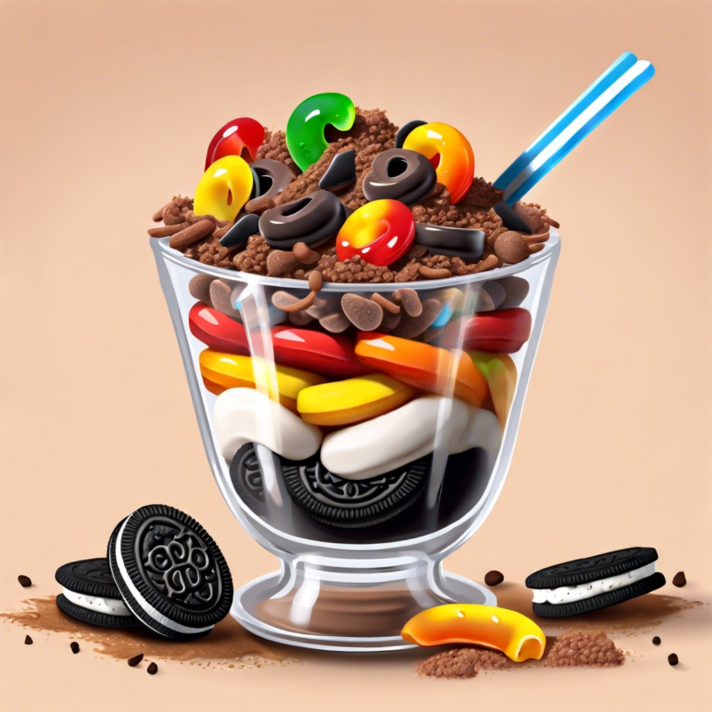 dirt cups chocolate pudding with crushed oreos and gummy worms