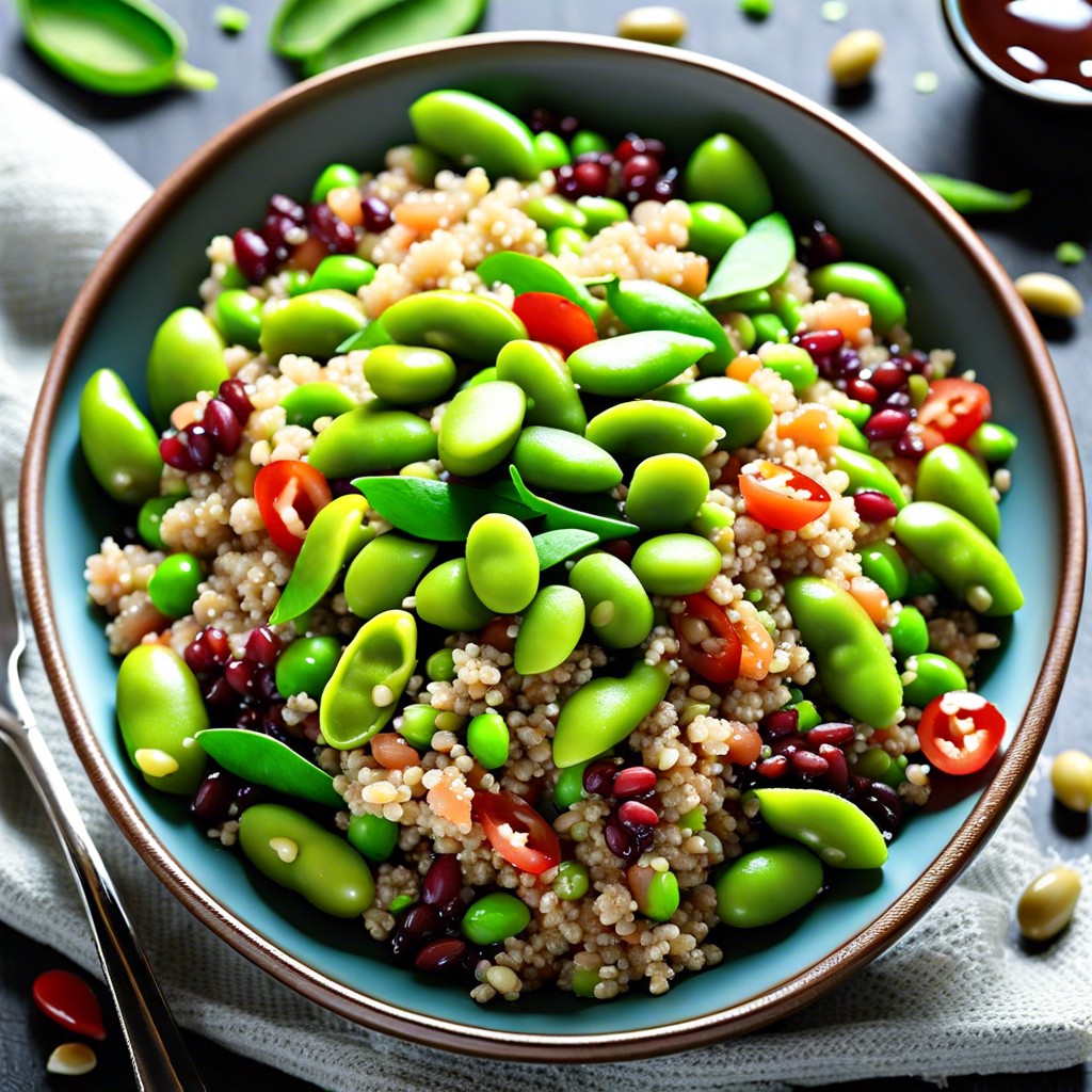 edamame and quinoa salad with red peppers and balsamic vinaigrette