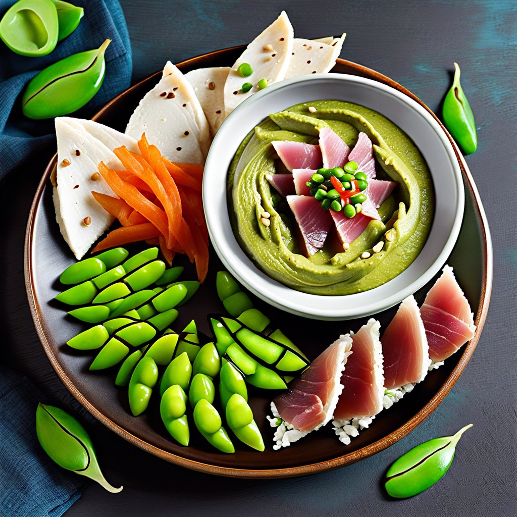 edamame hummus and seared tuna slices