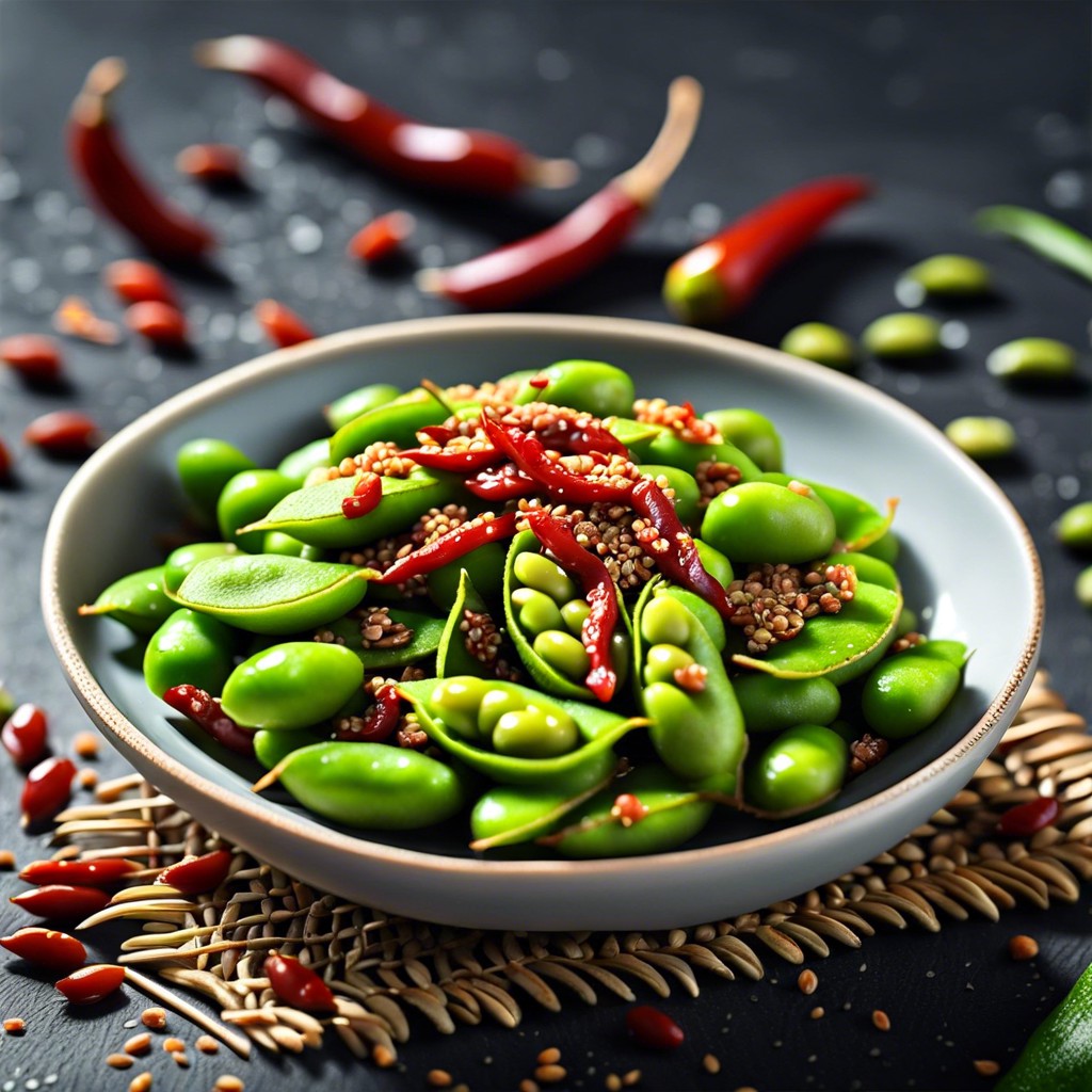edamame with sesame seeds and chili flakes
