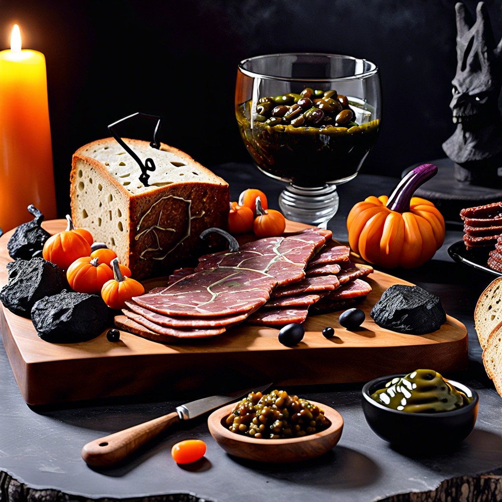 eerie olive tapenade with toast tombstones