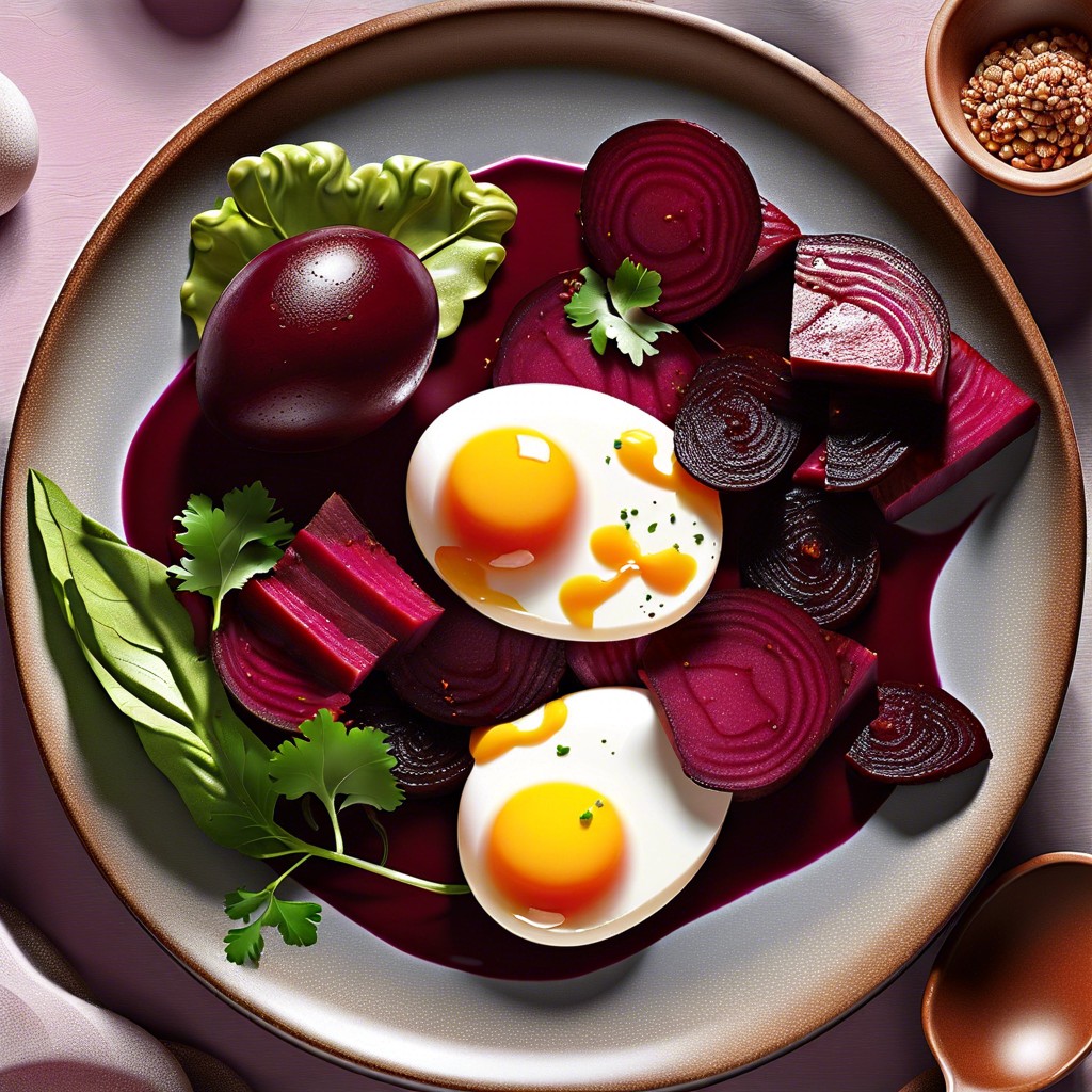 egg and roasted beet slices with feta crumble
