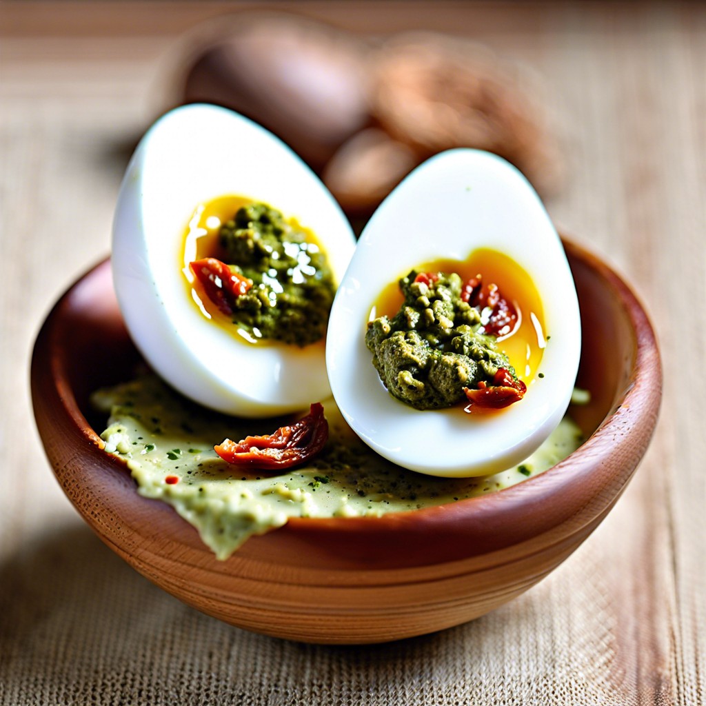 eggs stuffed with pesto and sun dried tomatoes