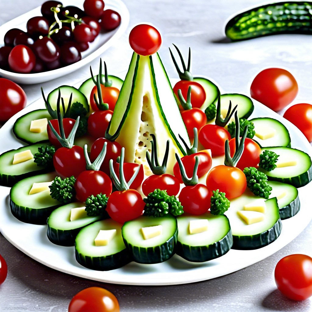 elf hat mini cucumbers cucumber slices cherry tomatoes cheese