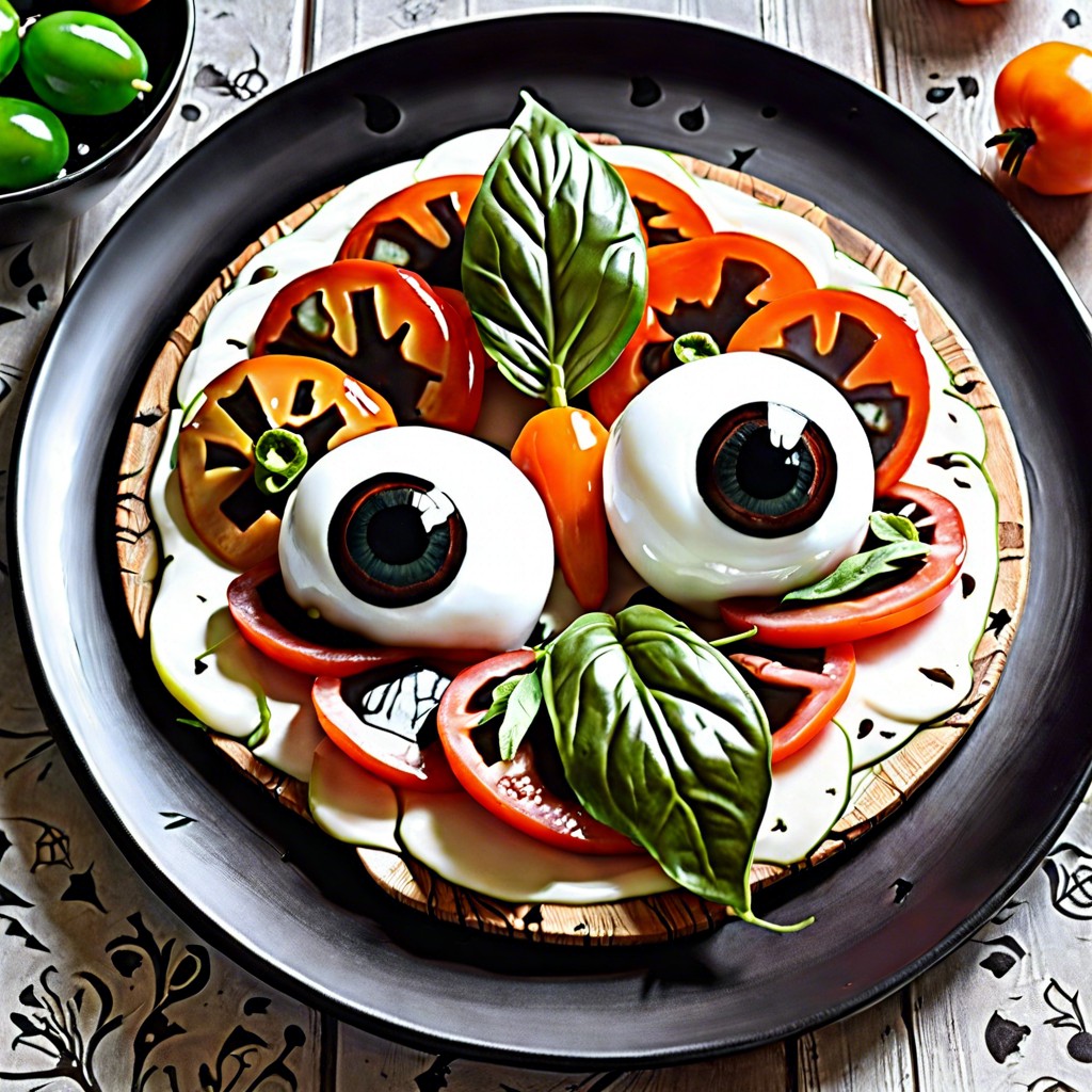 eyeball caprese cherry tomatoes mozzarella balls and olive slices