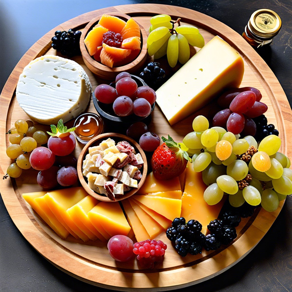 farm to table board with local cheeses seasonal fruits and honey