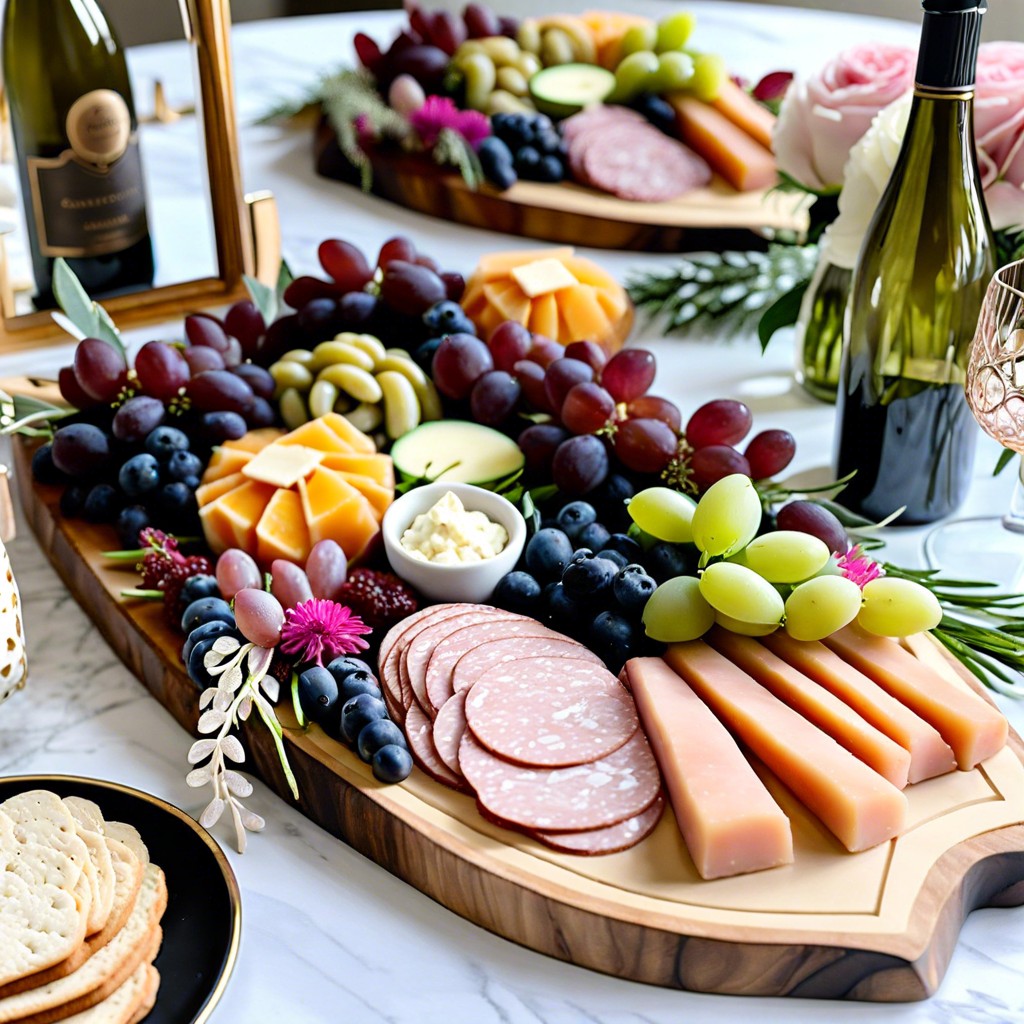 floral themed cheese and fruit board