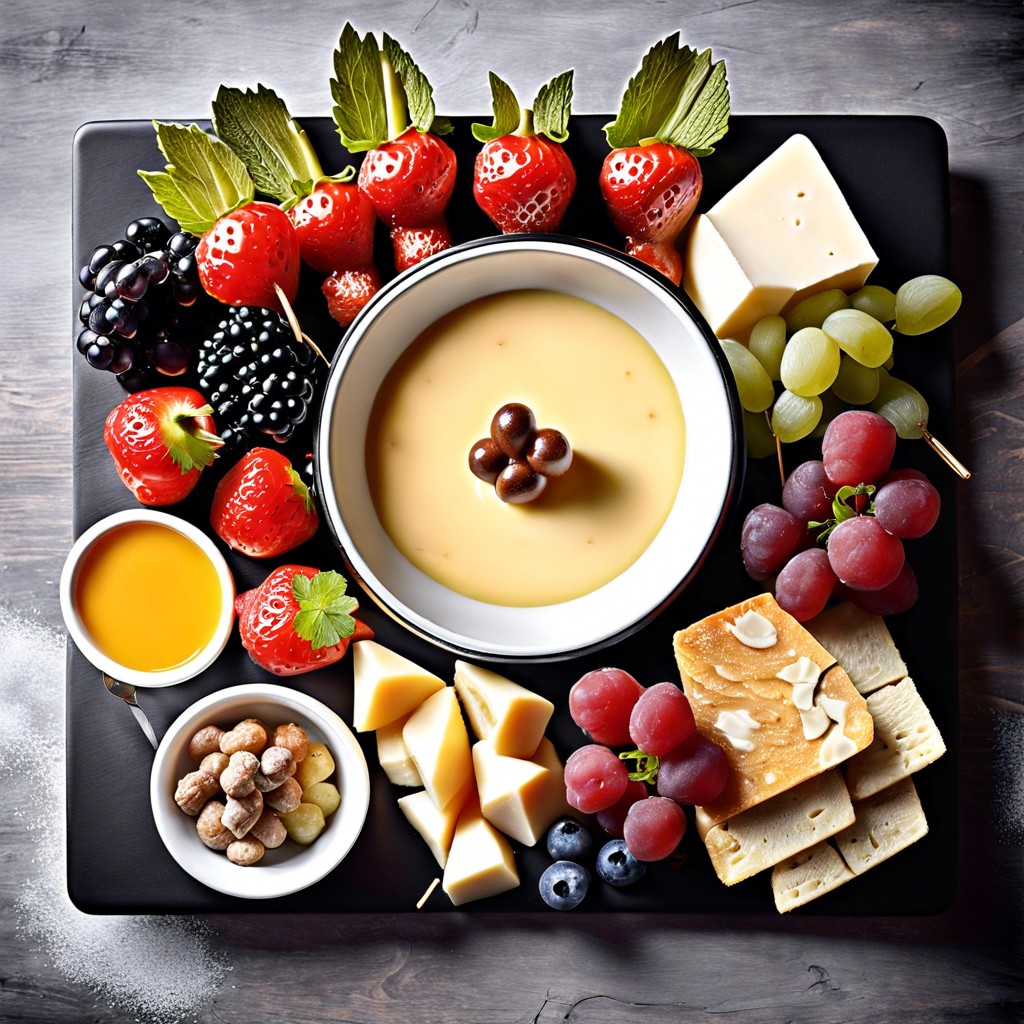 fondue board with cheese fondue bread cubes and veggies