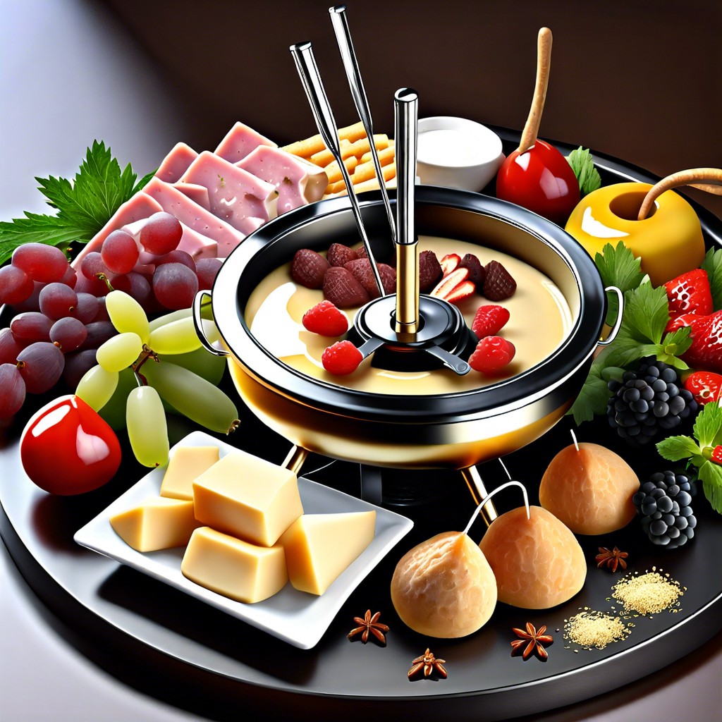 fondue tray with cheeses breads and meats