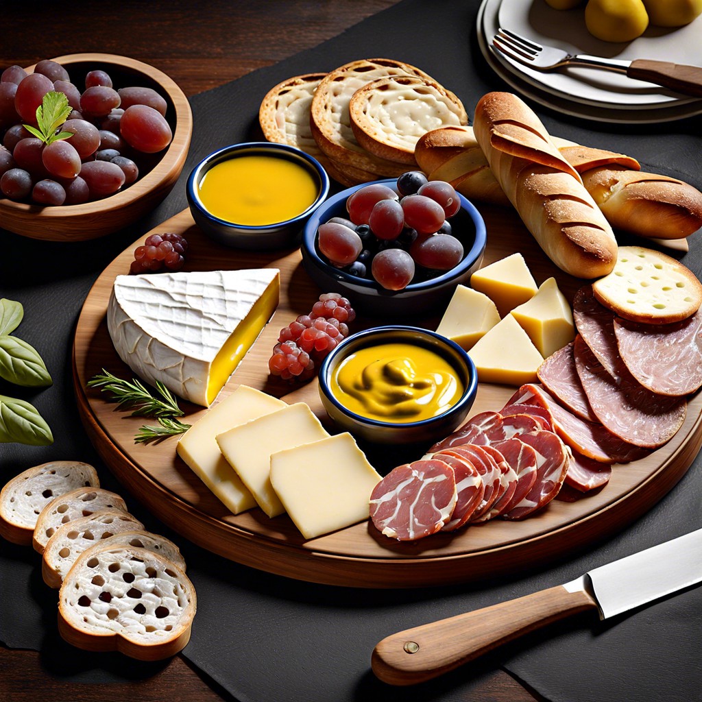 french board with brie baguette slices and dijon mustard