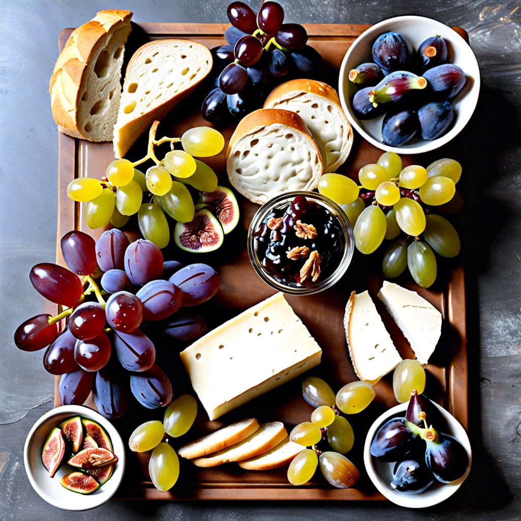 french picnic board brie baguette slices grapes dried figs