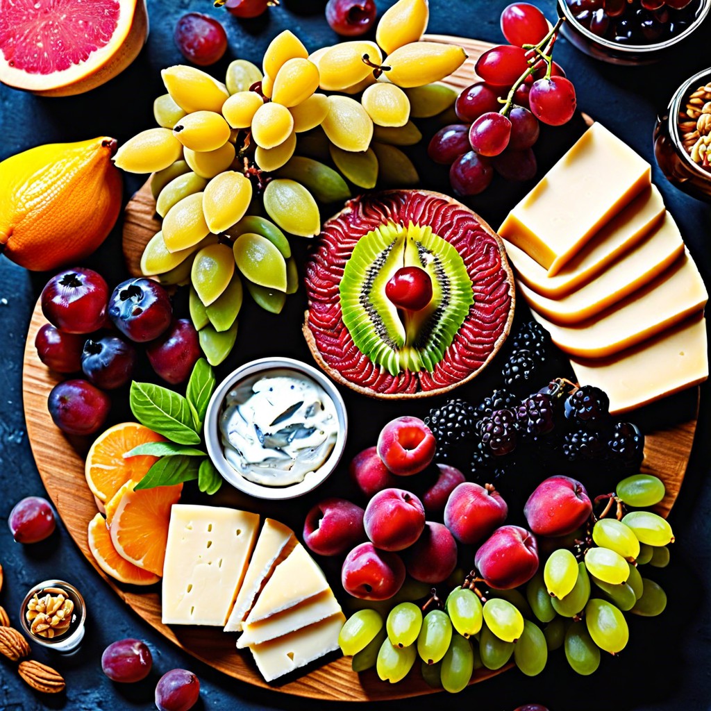 fruit and cheese board with exotic fruits and artisan cheeses