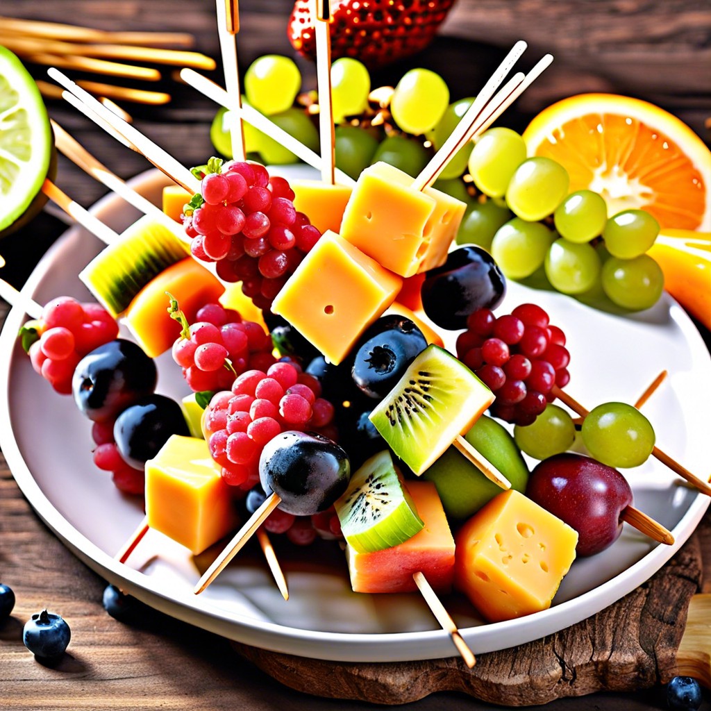 fruit and cheese cubes on skewers