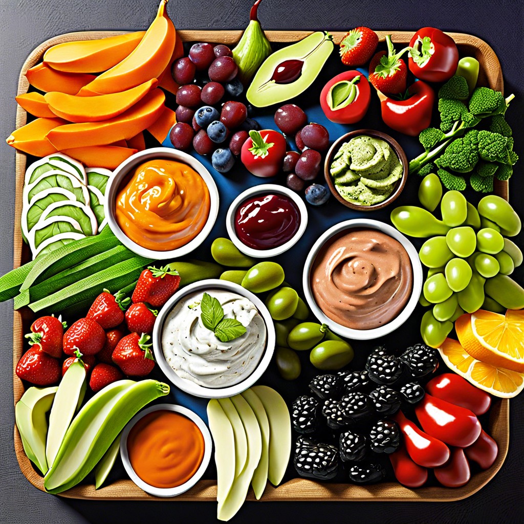 fruit and veggie bar with dips and dressings