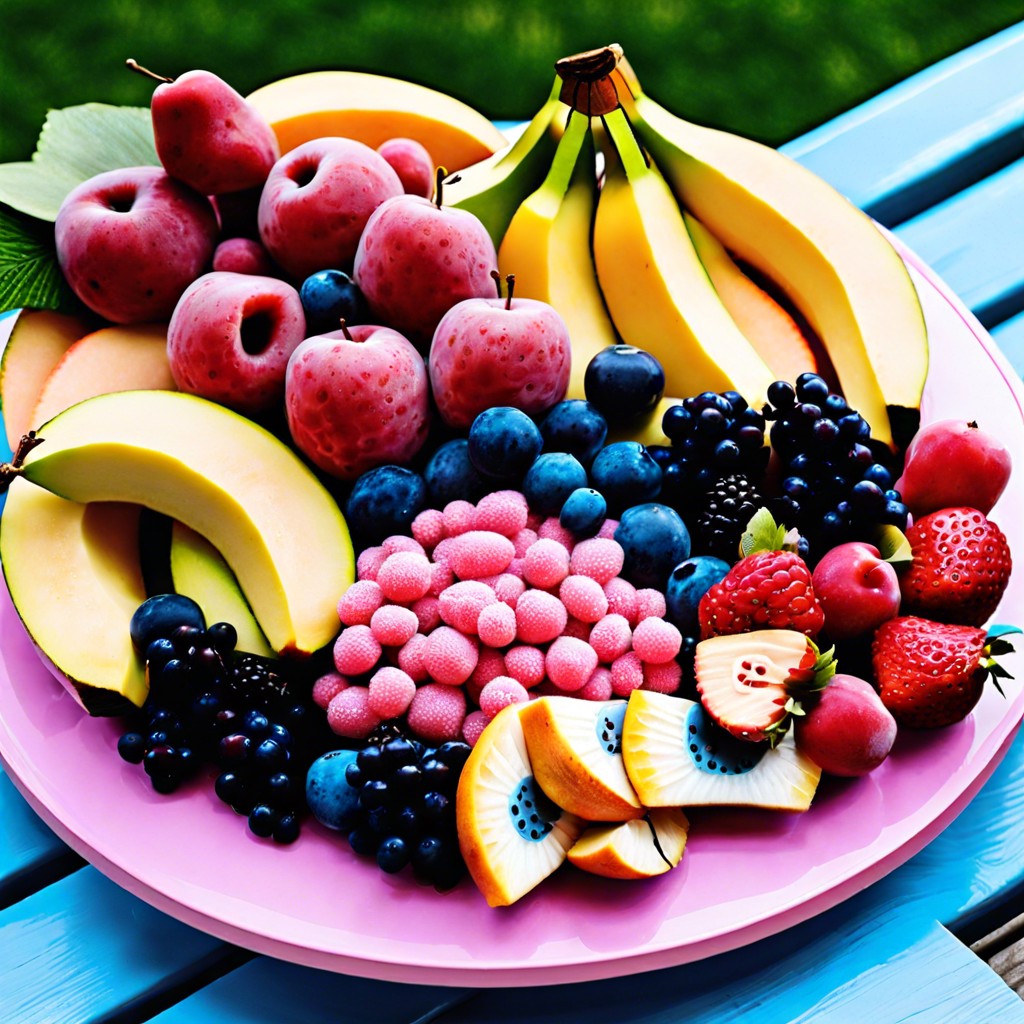 fruit platter arranged in pink and blue theme