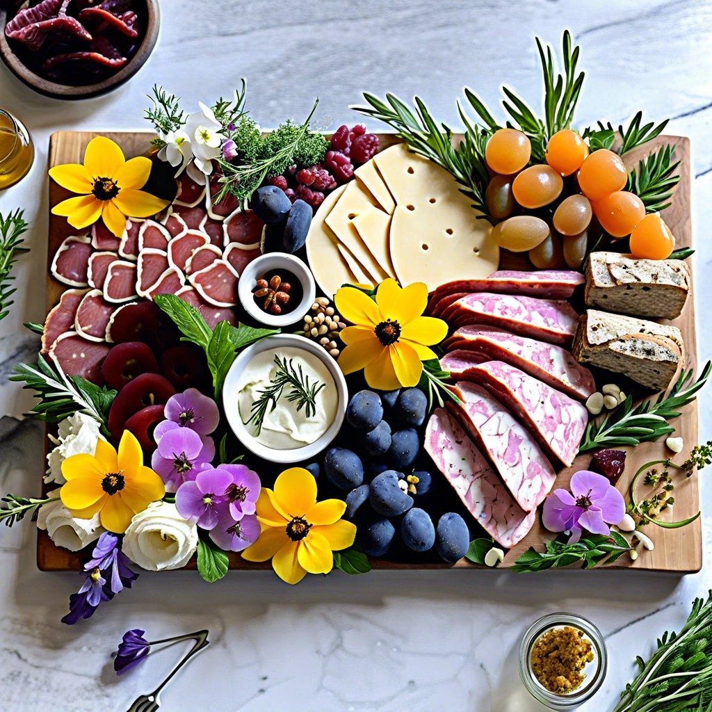 garden fresh board with edible flowers and fresh herbs