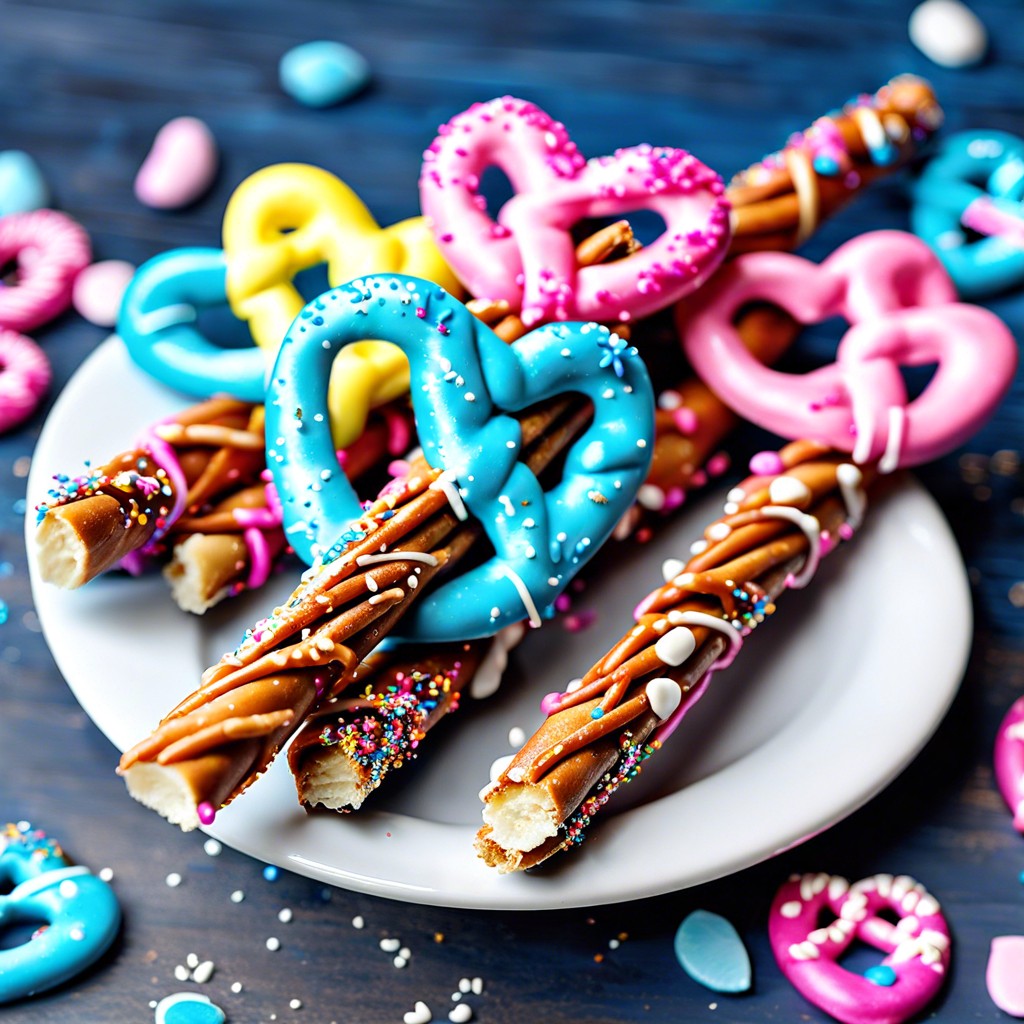 gender reveal pretzel sticks dipped in pink and blue chocolate