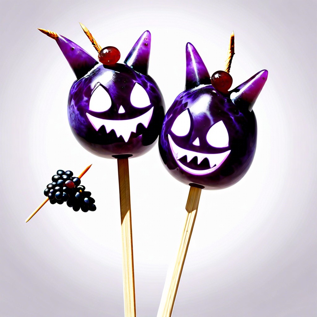 gengar grape skewers dark grapes on skewers with a ghost face drawn on the end grape