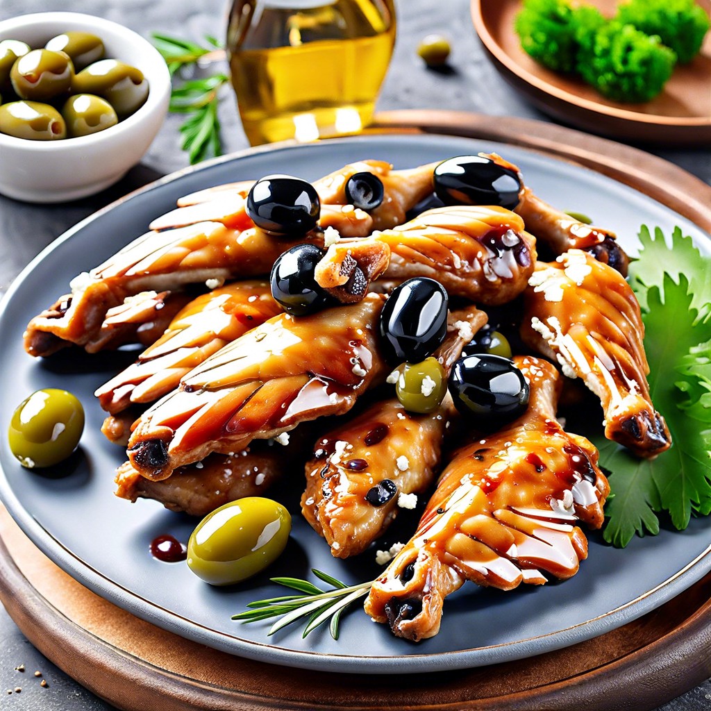 greek style wings with olives and feta