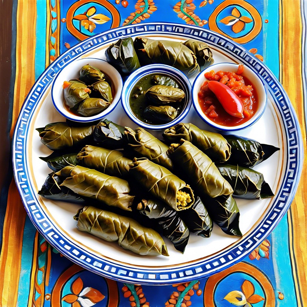 greek tray with dolmas tzatziki and pita bread