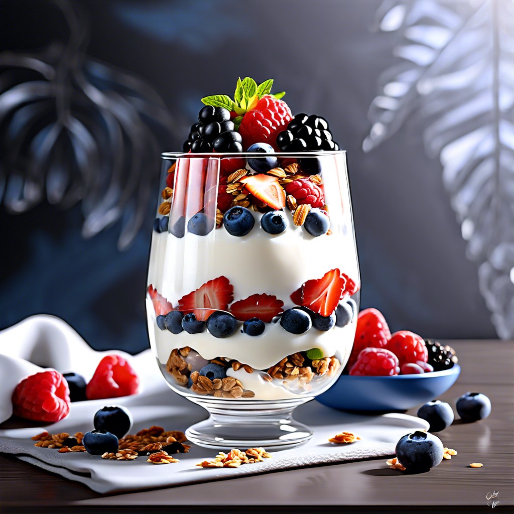 greek yogurt parfait with mixed berries and granola